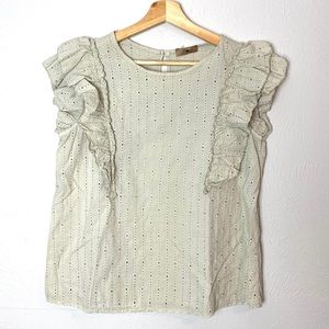 Sofi Italy Eyelet Stone Grey Ruffle Sleeve Top M